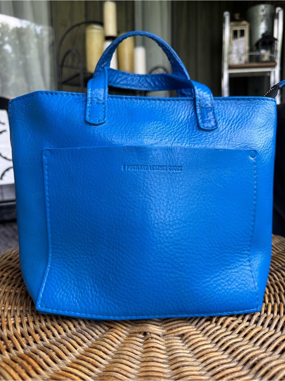 Portland leather goods bright blue tote